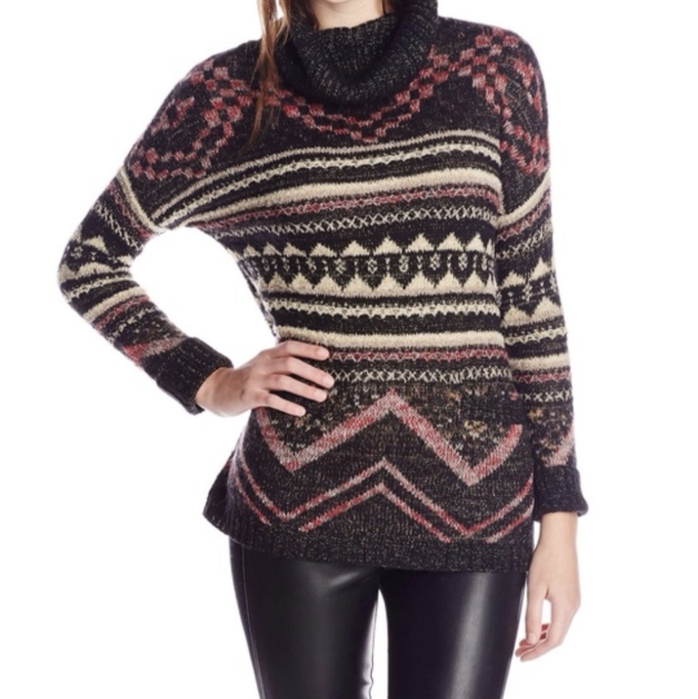 Lucky Brand Cowl Neck Sweater Aztec Stripe Textured Wool Tribal Geometric Boho M